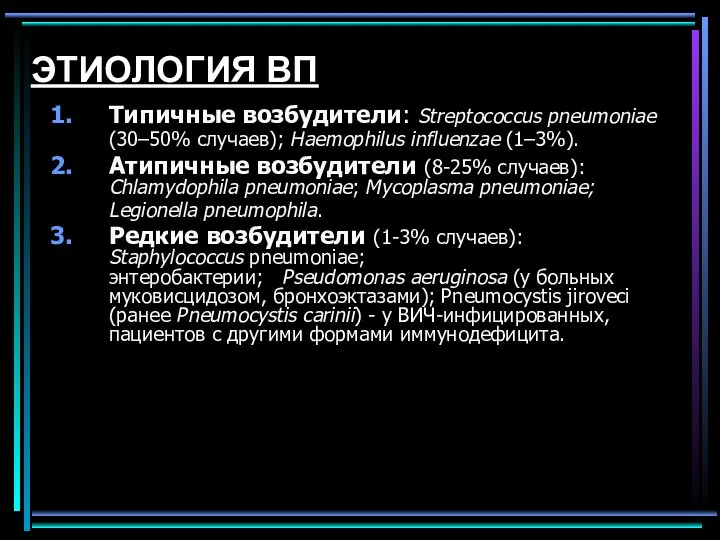 ЭТИОЛОГИЯ ВП Типичные возбудители: Streptococcus pneumoniae (30–50% случаев); Haemophilus influenzae