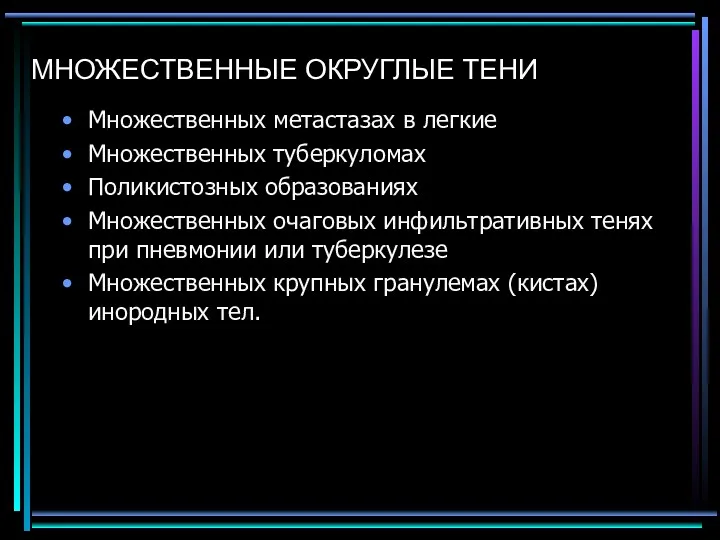 МНОЖЕСТВЕННЫЕ ОКРУГЛЫЕ ТЕНИ Множественных метастазах в легкие Множественных туберкуломах Поликистозных