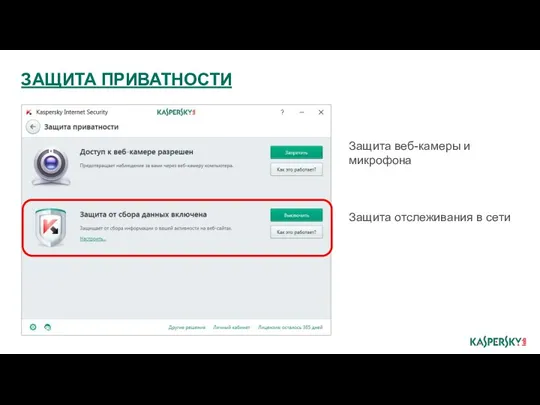 Защита веб-камеры и микрофона Защита отслеживания в сети ЗАЩИТА ПРИВАТНОСТИ