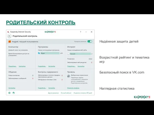 РОДИТЕЛЬСКИЙ КОНТРОЛЬ Надёжная защита детей Возрастной рейтинг и тематика игр Безопасный поиск в VK.com Наглядная статистика