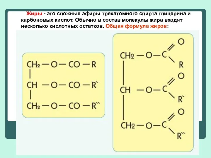 Жиры - это сложные эфиры трехатомного спирта глицерина и карбоновых кислот. Обычно в