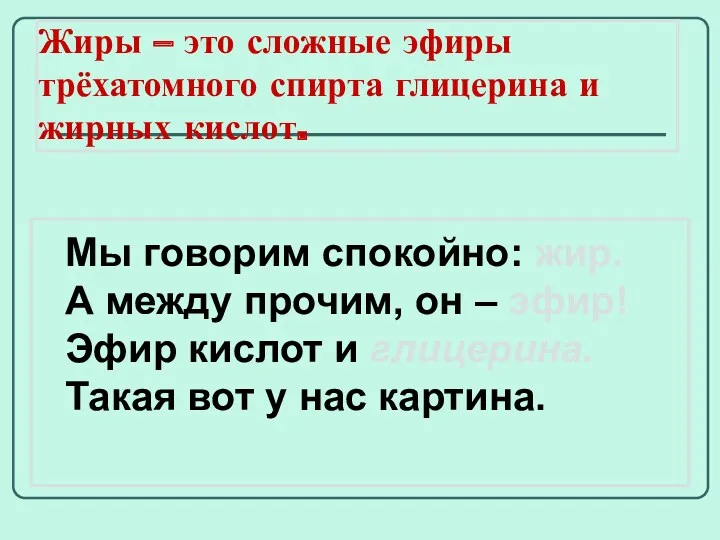 Жиры – это сложные эфиры трёхатомного спирта глицерина и жирных кислот. Мы говорим