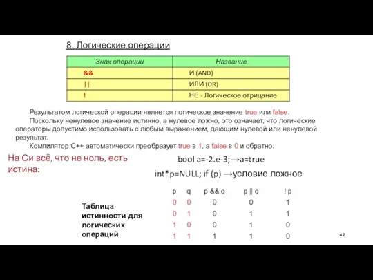 8. Логические операции Результатом логической операции является логическое значение true