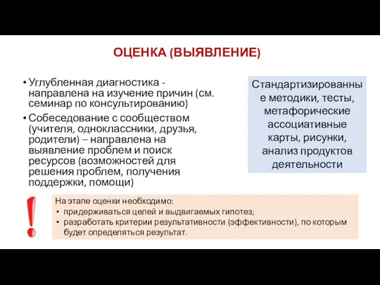 ОЦЕНКА (ВЫЯВЛЕНИЕ) Углубленная диагностика - направлена на изучение причин (см.