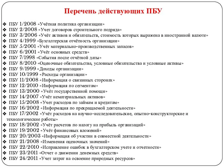 Перечень действующих ПБУ ПБУ 1/2008 «Учётная политика организации» ПБУ 2/2008