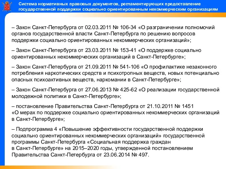 Система нормативных правовых документов, регламентирующих предоставление государственной поддержки социально ориентированным