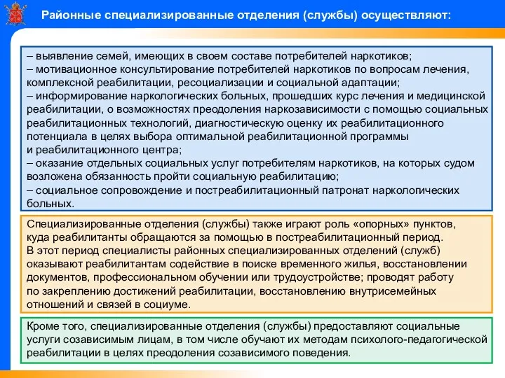 Районные специализированные отделения (службы) осуществляют: – выявление семей, имеющих в