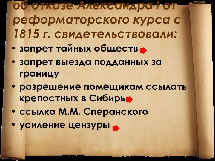 об отказе Александра I от реформаторского курса с 1815 г. свидетельствовали: запрет тайных