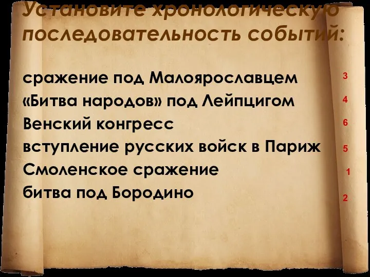 Установите хронологическую последовательность событий: сражение под Малоярославцем «Битва народов» под