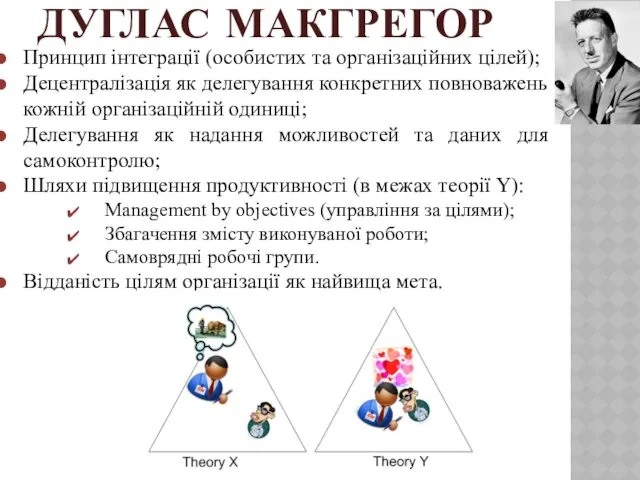 ДУГЛАС МАКГРЕГОР Принцип інтеграції (особистих та організаційних цілей); Децентралізація як