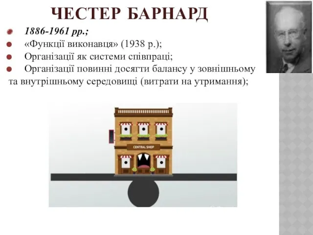 ЧЕСТЕР БАРНАРД 1886-1961 рр.; «Функції виконавця» (1938 р.); Організації як