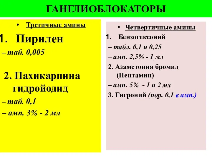 ГАНГЛИОБЛОКАТОРЫ Третичные амины Пирилен – таб. 0,005 2. Пахикарпина гидройодид