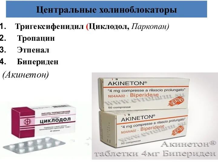 Центральные холиноблокаторы Тригексифенидил (Циклодол, Паркопан) Тропацин Этпенал Бипериден (Акинетон)