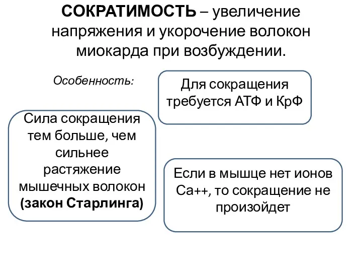 СОКРАТИМОСТЬ – увеличение напряжения и укорочение волокон миокарда при возбуждении.