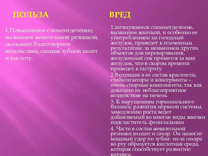 ПОЛЬЗА ВРЕД 1.Повышенное слюноотделение, вызванное жевательной резинкой, оказывает благотворное воздействие,