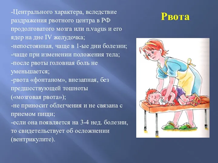 Рвота -Центрального характера, вследствие раздражения рвотного центра в РФ продолговатого мозга или n.vagus