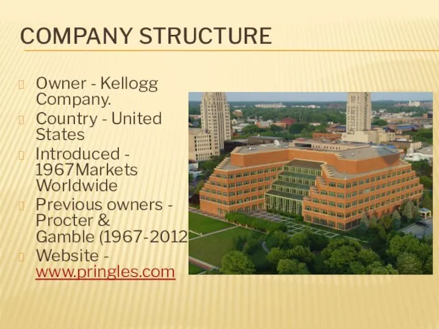 COMPANY STRUCTURE Owner - Kellogg Company. Country - United States