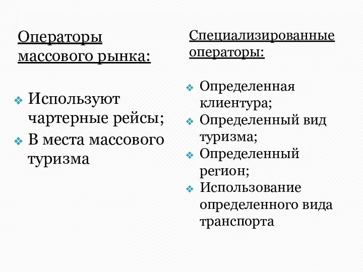 Операторы массового рынка: Используют чартерные рейсы; В места массового туризма