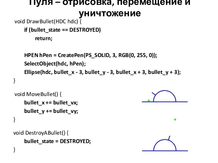 Пуля – отрисовка, перемещение и уничтожение void DrawBullet(HDC hdc) { if (bullet_state ==