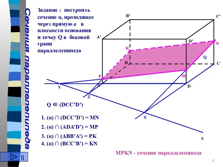 Сечения параллелепипеда a Задание : построить сечение α, проходящеe через