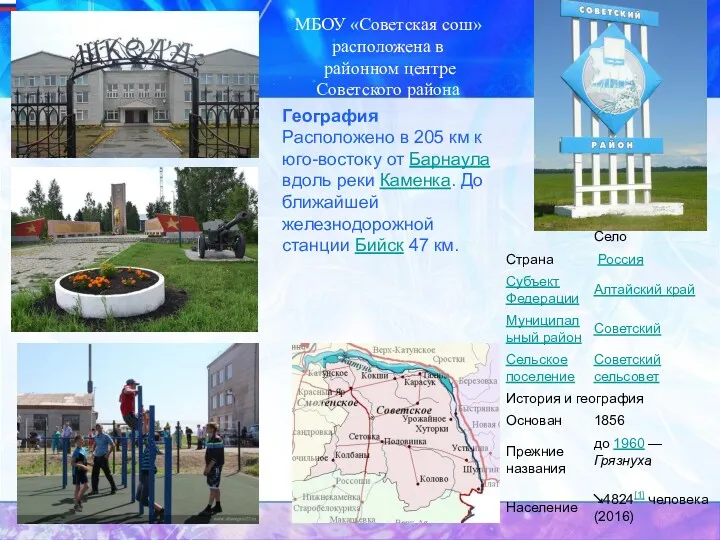 МБОУ «Советская сош» расположена в районном центре Советского района География