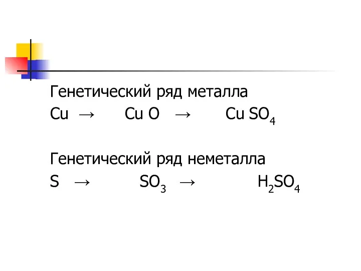Генетический ряд металла Cu → Cu O → Cu SO4 Генетический ряд неметалла