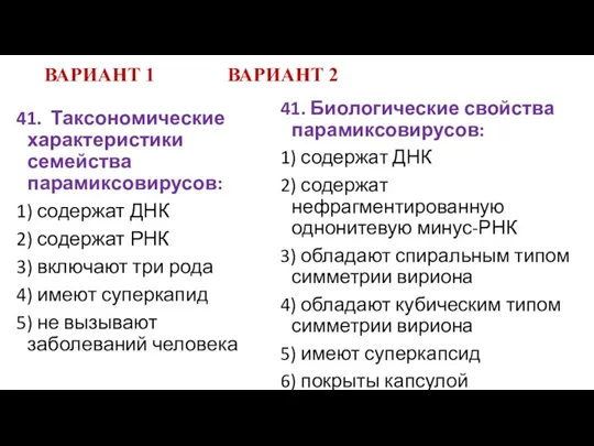 ВАРИАНТ 1 ВАРИАНТ 2 41. Таксономические характеристики семейства парамиксовирусов: 1)