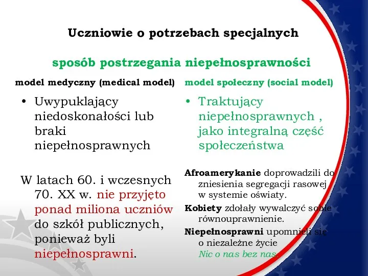 model medyczny (medical model) Uwypuklający niedoskonałości lub braki niepełnosprawnych W