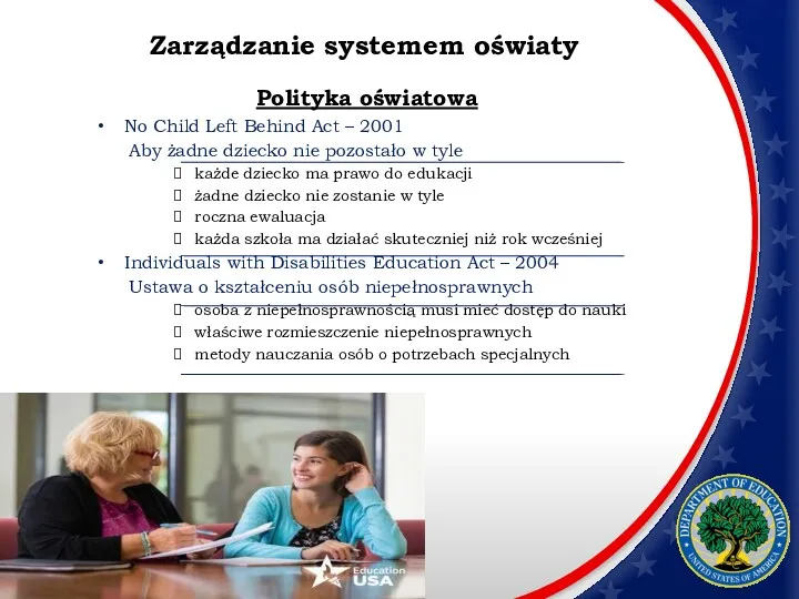 Zarządzanie systemem oświaty Polityka oświatowa No Child Left Behind Act