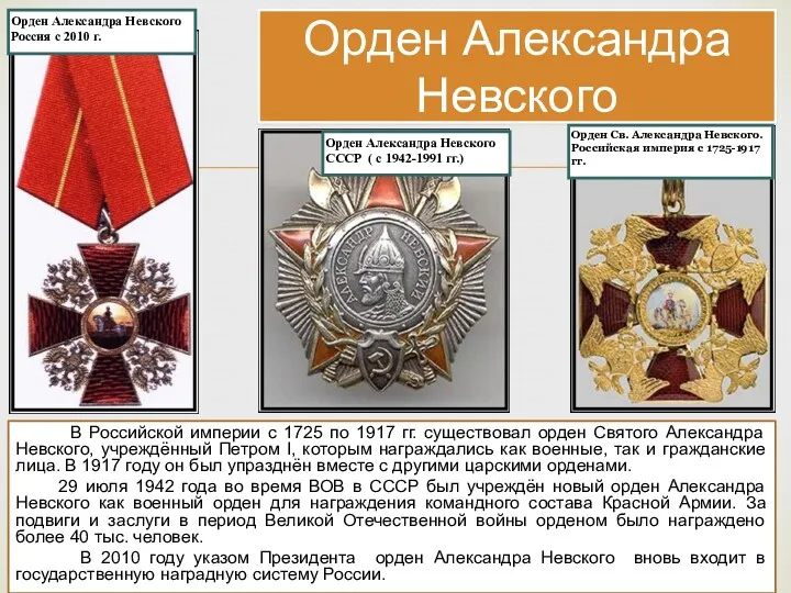 В Российской империи с 1725 по 1917 гг. существовал орден