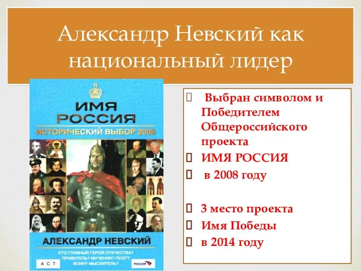 Александр Невский как национальный лидер Выбран символом и Победителем Общероссийского
