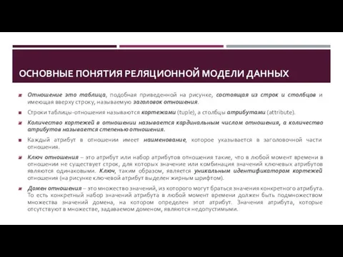 ОСНОВНЫЕ ПОНЯТИЯ РЕЛЯЦИОННОЙ МОДЕЛИ ДАННЫХ Отношение это таблица, подобная приведенной