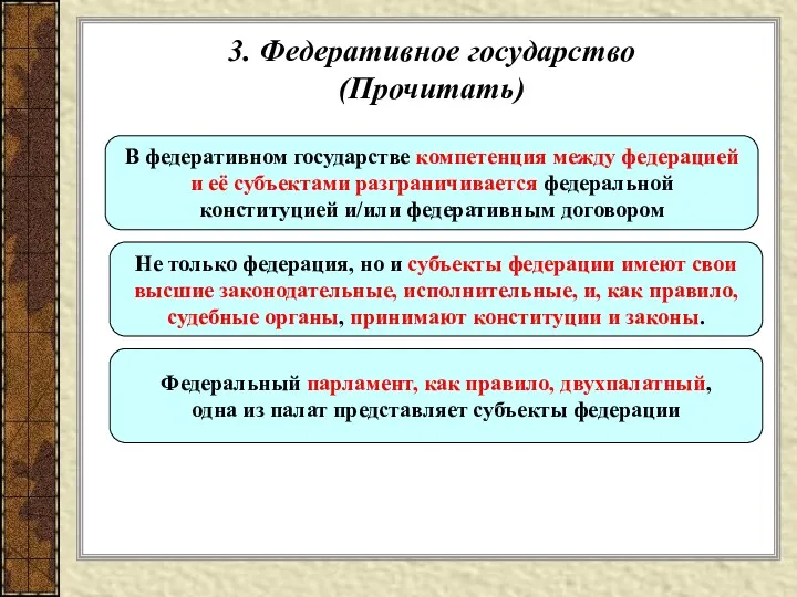 3. Федеративное государство (Прочитать) В федеративном государстве компетенция между федерацией