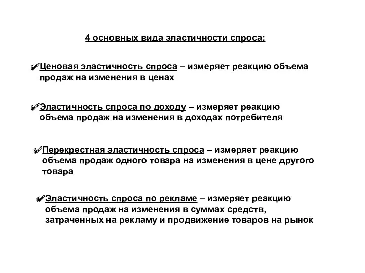 4 основных вида эластичности спроса: Ценовая эластичность спроса – измеряет