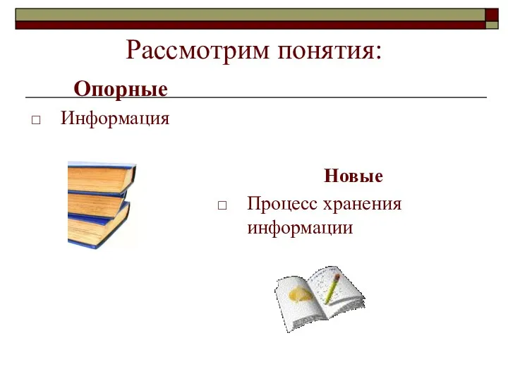 Рассмотрим понятия: Опорные Информация Новые Процесс хранения информации