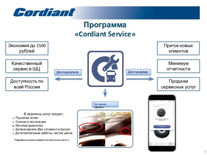 Программа «Cordiant Service» В перечень услуг входит: Подкачка колес Снятие