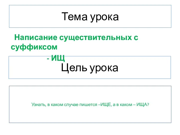 Цель урока Написание существительных с суффиксом - ИЩ Тема урока