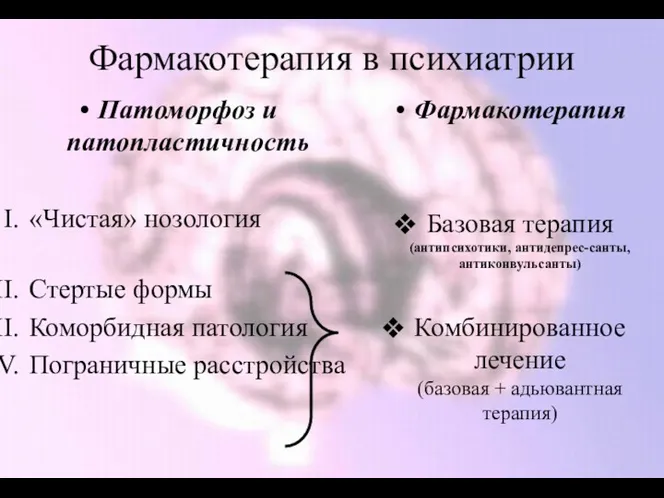 Фармакотерапия в психиатрии Патоморфоз и патопластичность «Чистая» нозология Стертые формы