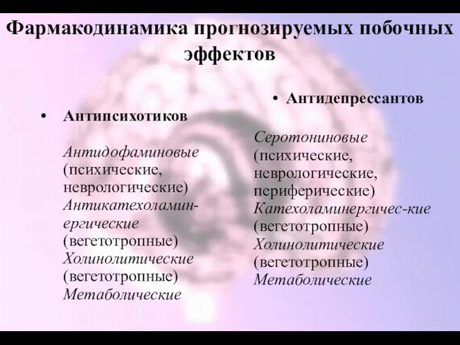 Фармакодинамика прогнозируемых побочных эффектов Антипсихотиков Антидофаминовые (психические, неврологические) Антикатехоламин-ергические (вегетотропные)