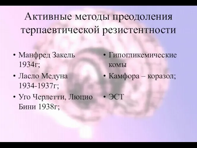 Активные методы преодоления терпаевтической резистентности Манфред Закель 1934г; Ласло Медуна