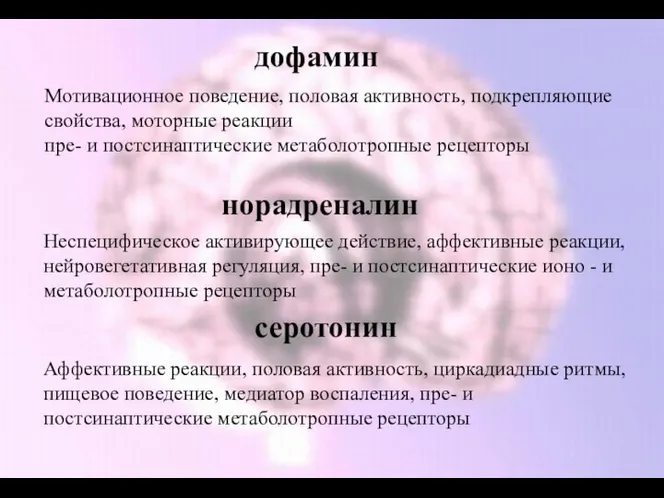 дофамин норадреналин серотонин Мотивационное поведение, половая активность, подкрепляющие свойства, моторные