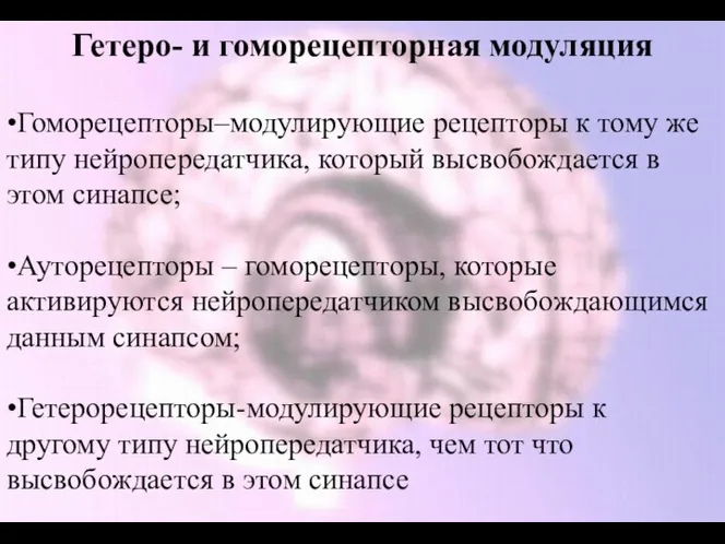 Гетеро- и гоморецепторная модуляция •Гоморецепторы–модулирующие рецепторы к тому же типу