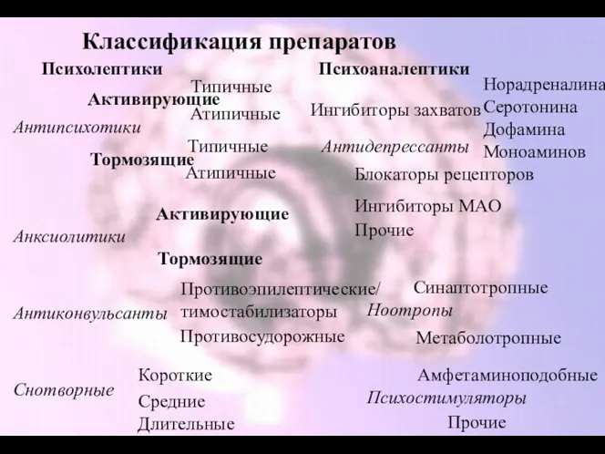 Психолептики Психоаналептики Антипсихотики Анксиолитики Антиконвульсанты Снотворные Антидепрессанты Ноотропы Психостимуляторы Активирующие