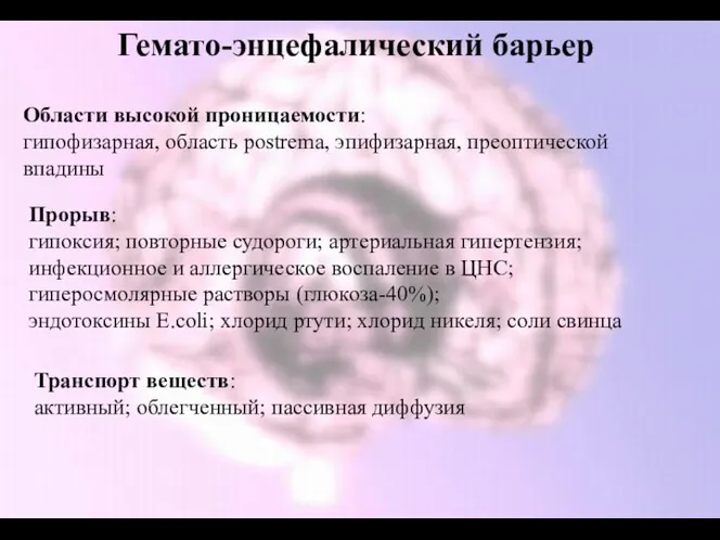 Гемато-энцефалический барьер Прорыв: гипоксия; повторные судороги; артериальная гипертензия; инфекционное и