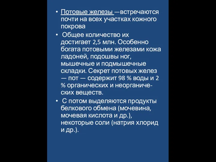 Потовые железы —встречаются почти на всех участках кожного покрова Общее количество их достигает