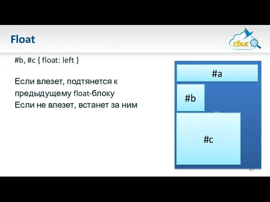 Float #b, #c { float: left } Если влезет, подтянется