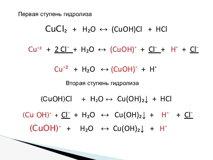 CuCl₂ + H₂O ↔ (CuOH)Cl + HCl Cu⁺² + 2