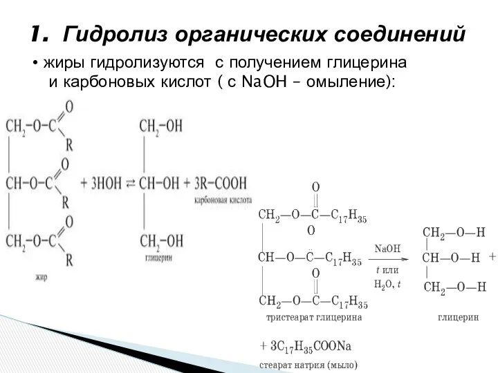 1. Гидролиз органических соединений жиры гидролизуются с получением глицерина и