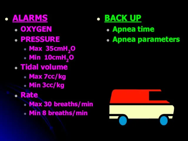 ALARMS OXYGEN PRESSURE Max 35cmH2O Min 10cmH2O Tidal volume Max