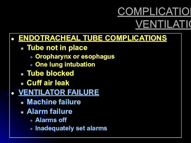 COMPLICATIONS OF VENTILATION ENDOTRACHEAL TUBE COMPLICATIONS Tube not in place